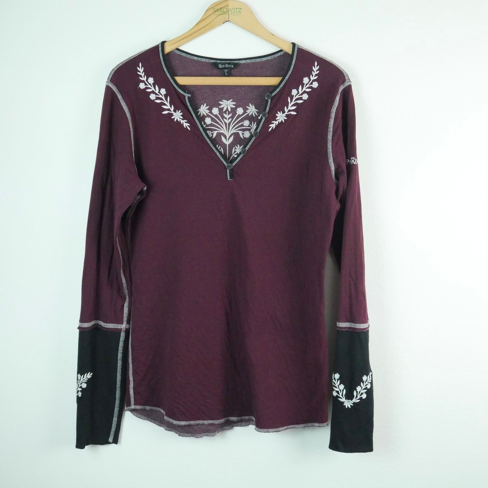 Alp-n-Rock Womens Burgundy Floral Embroidered Henley Long Sleeve Top Large